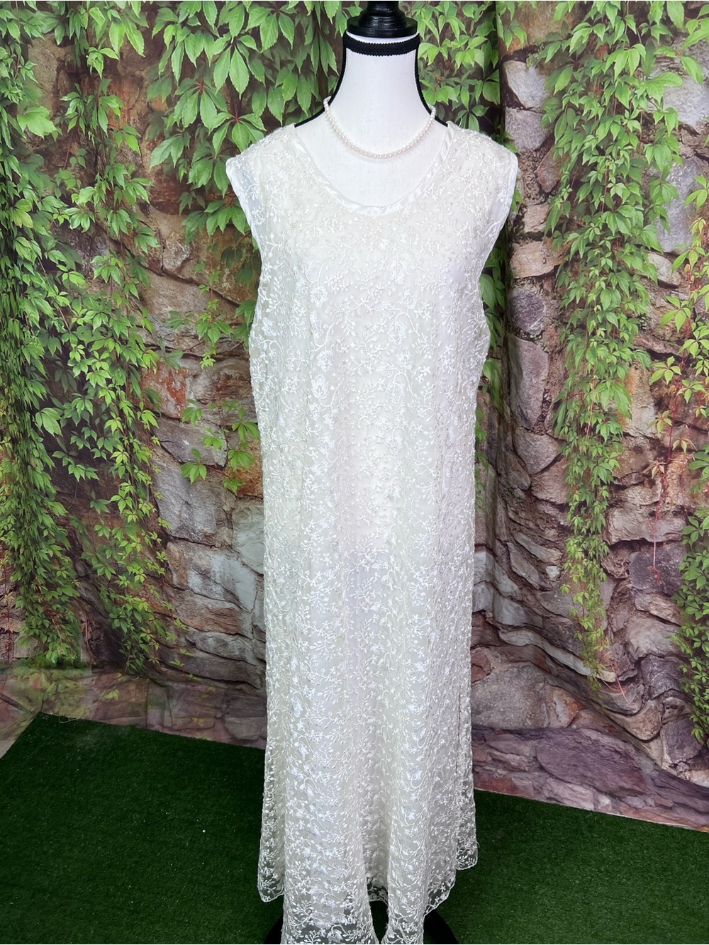 VINTAGE CHRISTINA FAIRBANKS Ivory Lace Overlay Tank Dress, XL - Picture 2 of 12